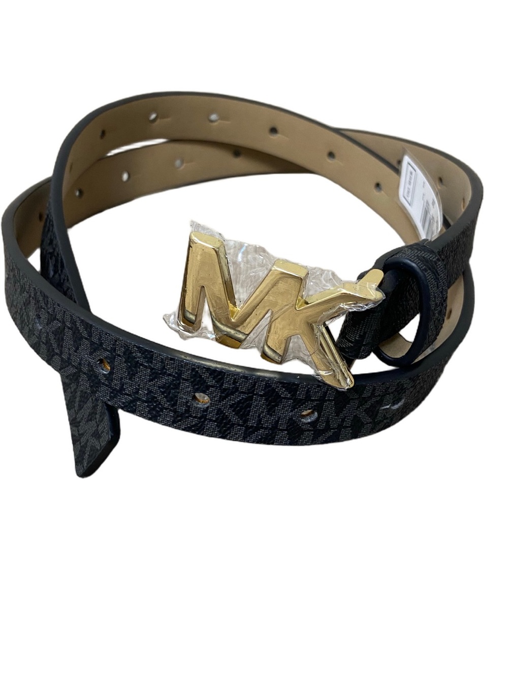 Michael Kors Black MK Monogram Logo Belt Gold Tone Buckle Small NWT